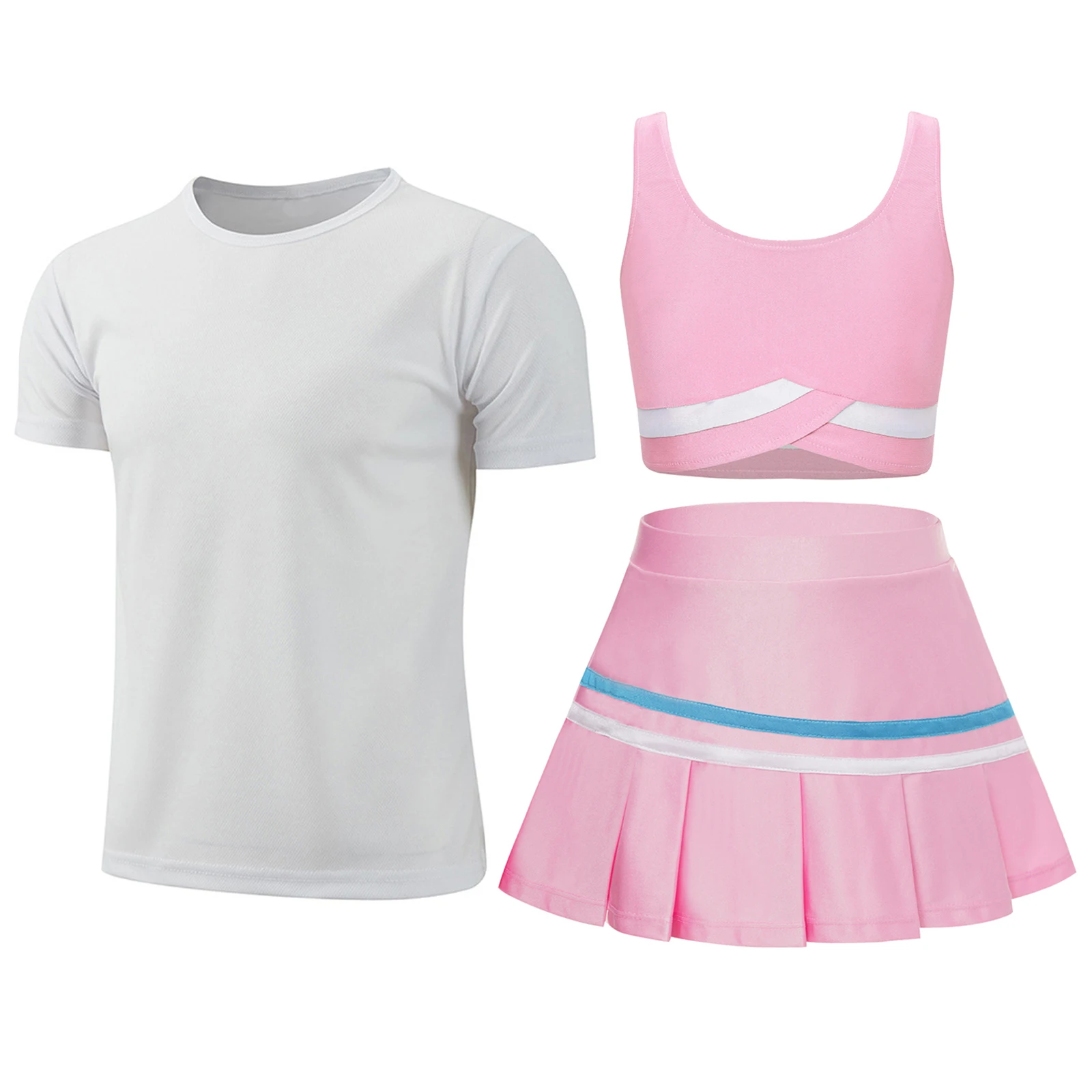 Kids Girls Sports Set Sleeveless Sports Vest Crop Tops+Pleated Skirt+Long Sleeve T-shirt Outfit for Tennis Golf Yoga Workout