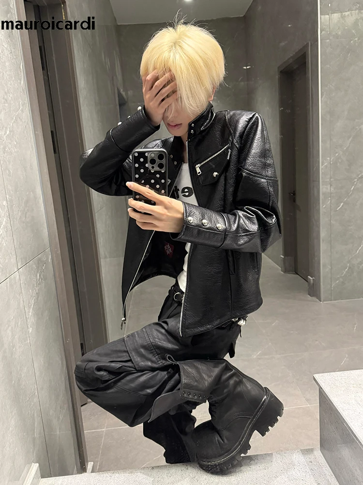 Mauroicardi Spring Autumn Cool Handsome Short Black Hard Pu Leather Jacket Men Zipper Luxury Designer Emo Clothes Streetwear