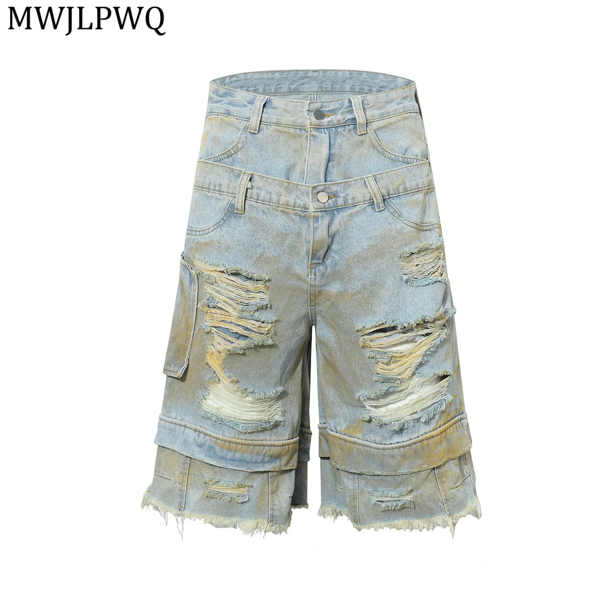 

MWJLPWQ Trendy 2025 American RO Style Washed Ripped Jeans High Street Male Washed Distress Straight-Leg Personality Shorts 21034