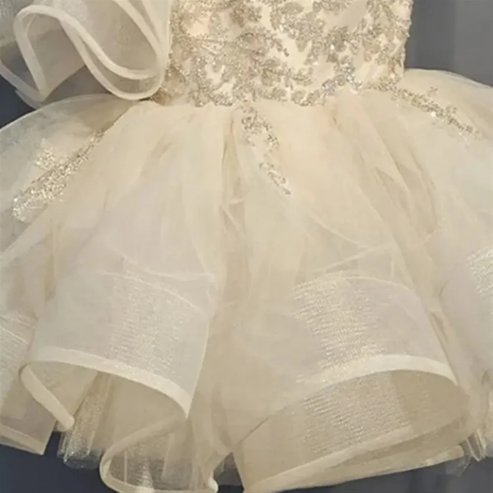 럭셔리 스팽글 플라워 걸 드레스 웨딩용 민소매 원숄더 퍼프 프린세스 생일 파티 무대 공연 볼 가운