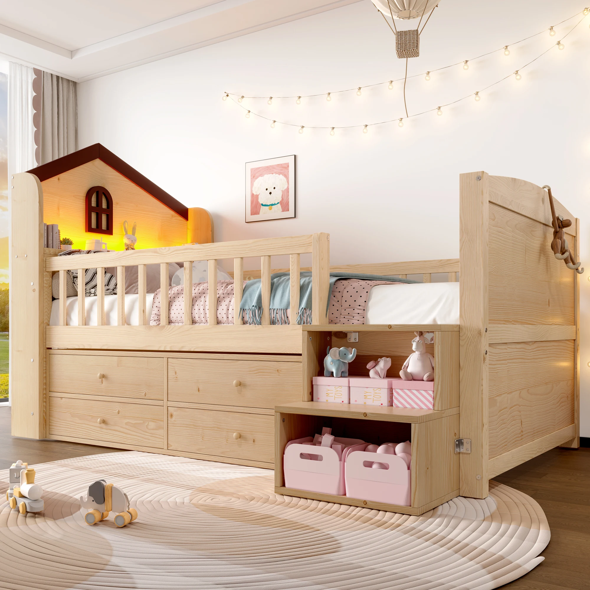 90x200cm Modernes Einzelbett, Studentenbett aus Holz für Erwachsene, Hochbett für Erwachsene, Hausform, Fenster, 4 Schubladen, LED-Lichtleiste