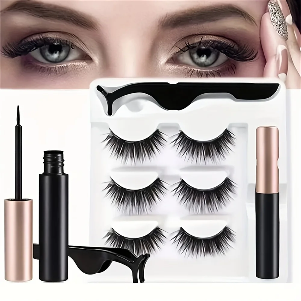 3 pares de pestañas postizas magnéticas, pestañas de uso repetido, delineador de ojos líquido resistente al agua con pinza de maquillaje