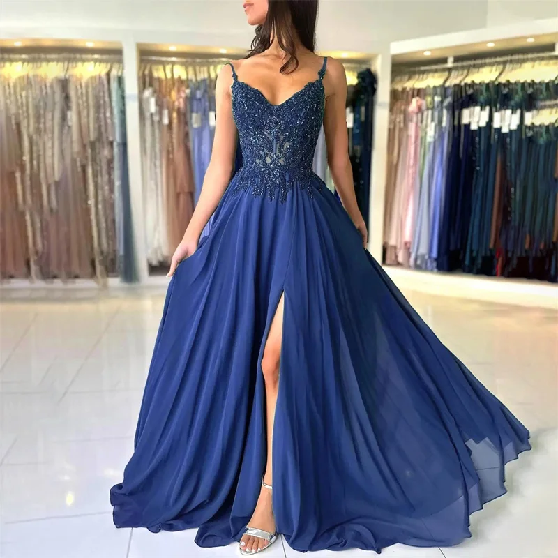 A Line Chiffon Spaghetti Straps Beading Slit Evening Bridesmaid Dresses Wedding Party Formal Prom Birthday Floor Length Lace Up