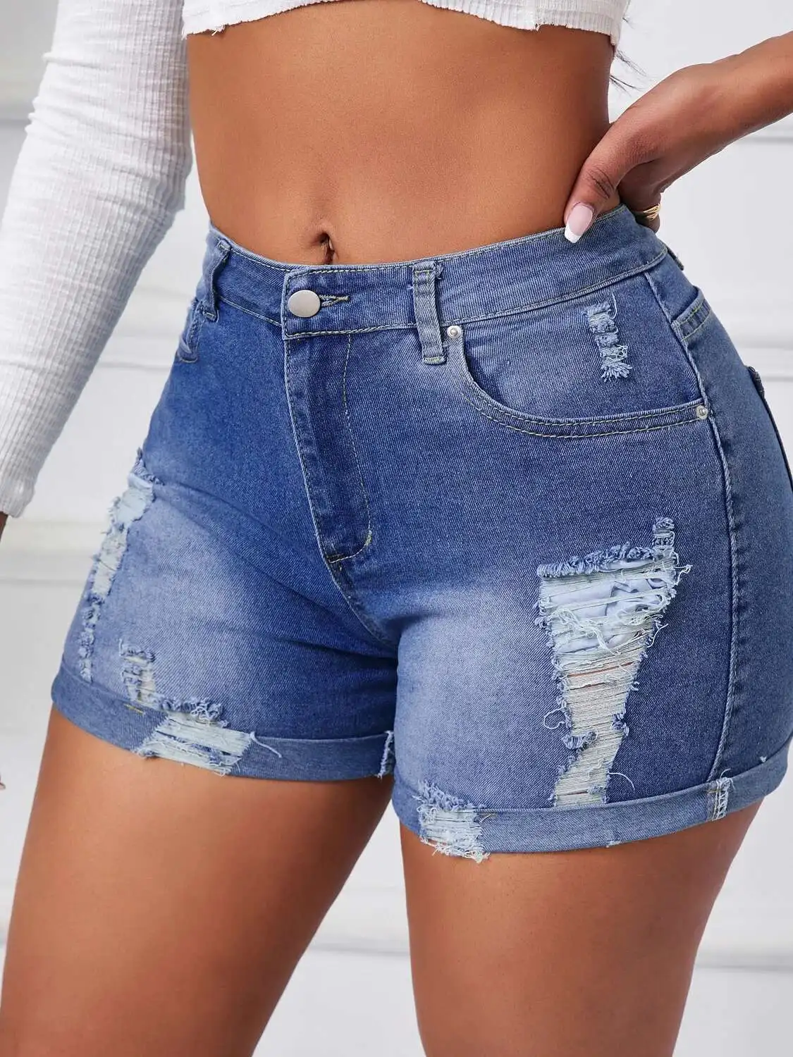 

Новые сексуальные рваные эластичные джинсы с высокой талией, женские джинсовые шорты, однотонные, повседневные, очаровательные, элегантные, тонкие для ночного клуба SON4