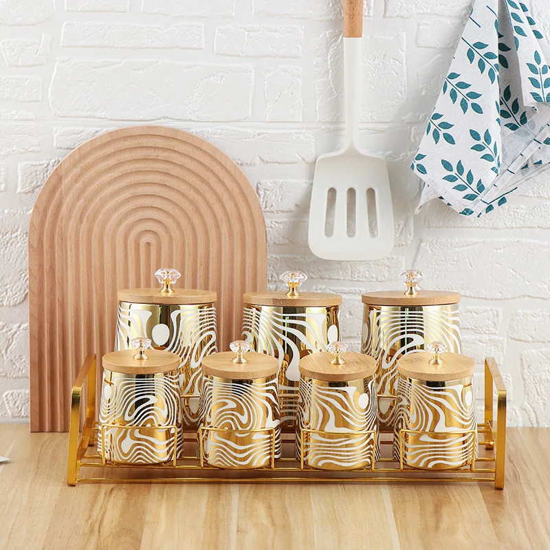

Set of 7 Color Glazed Ceramic Kitchen Canister Sets Tea Coffee Sugar Canisters Set With Stainless Steel Rack
