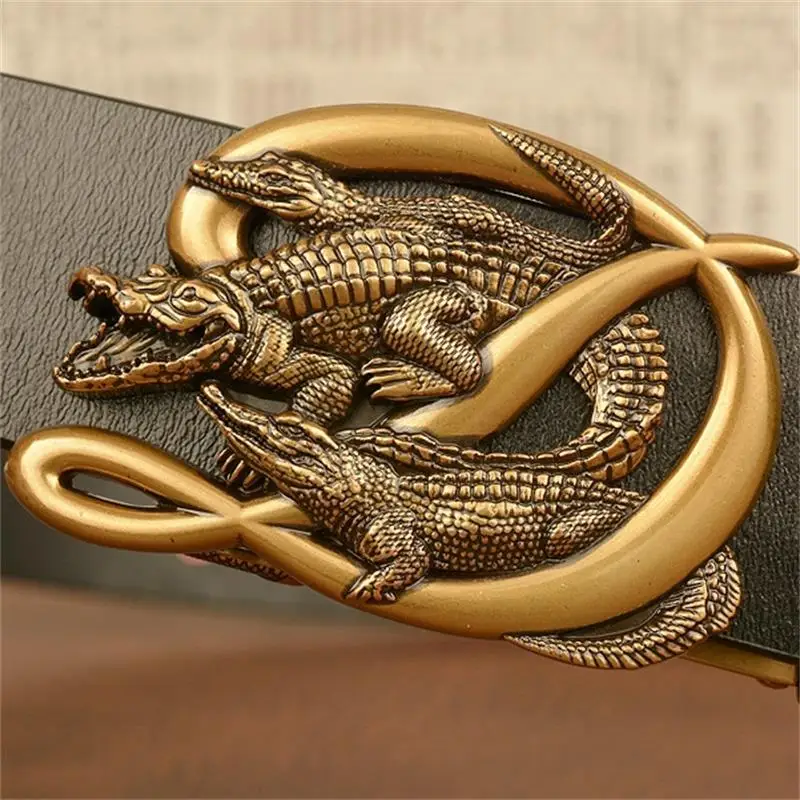 SupSindy Men Genuine Leather Belt Luxury Gold Crocodile Metal Automatic Buckle Cowhide Belts for Men Jeans Waistband Male Strap