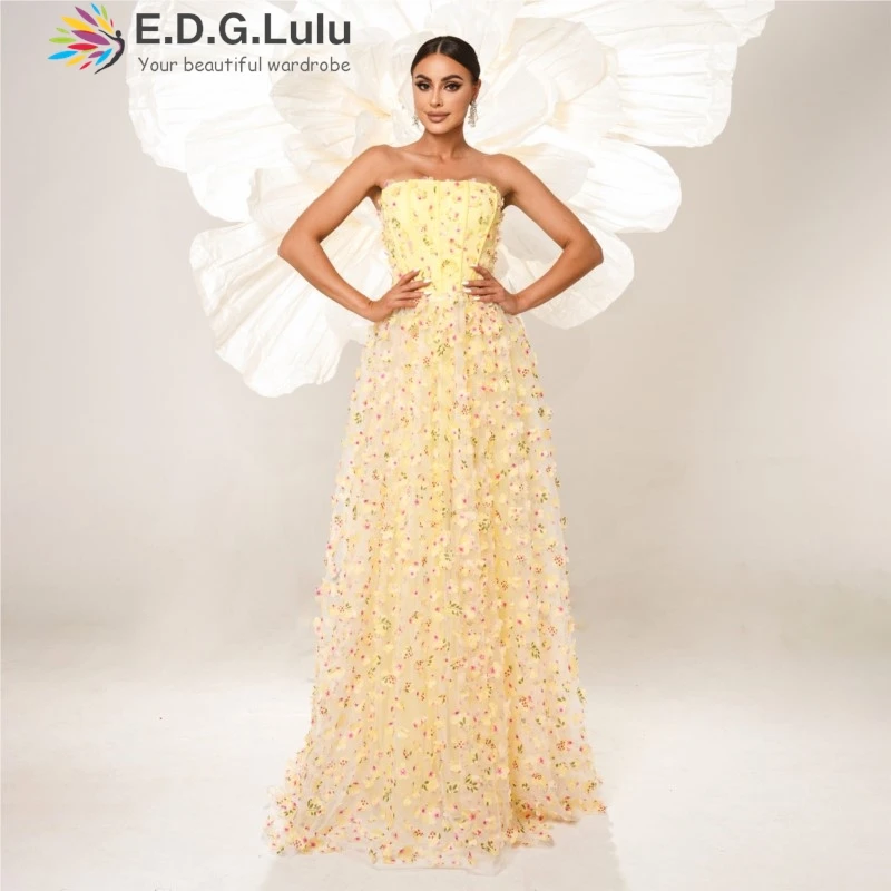 

EDGLuLu Sexy Strapless Backless Birthday Dress Luxury Mesh Three-Dimensional Flower Yellow Party Long Evening Gown 0716