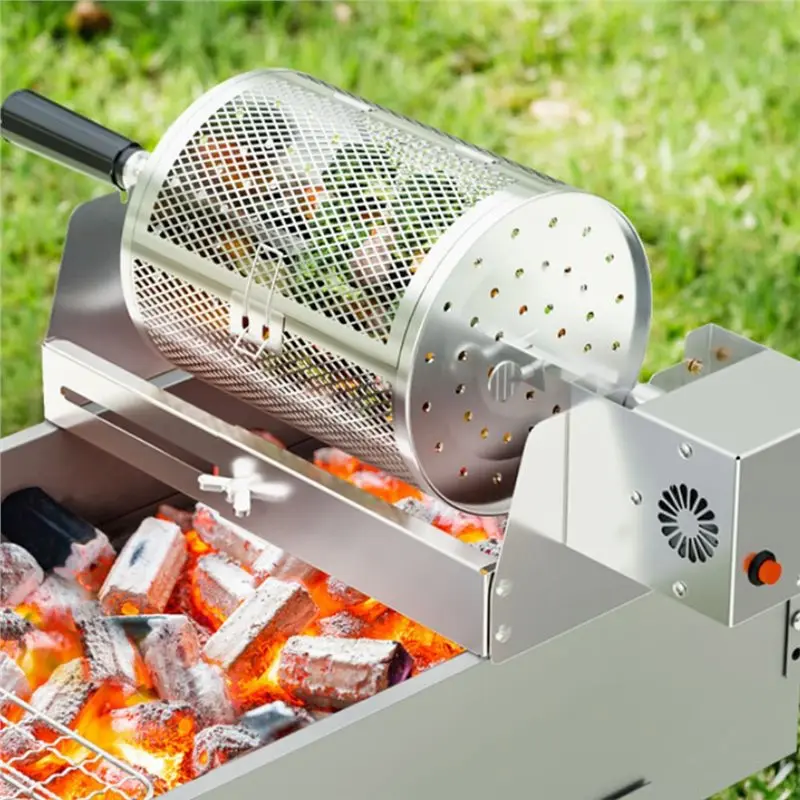 【Price Drop !!】Barbecue Round Grill Basket Rolling Cylinder Automatic Rotating Grill Net For Camping BBQ Skewers Outdoor