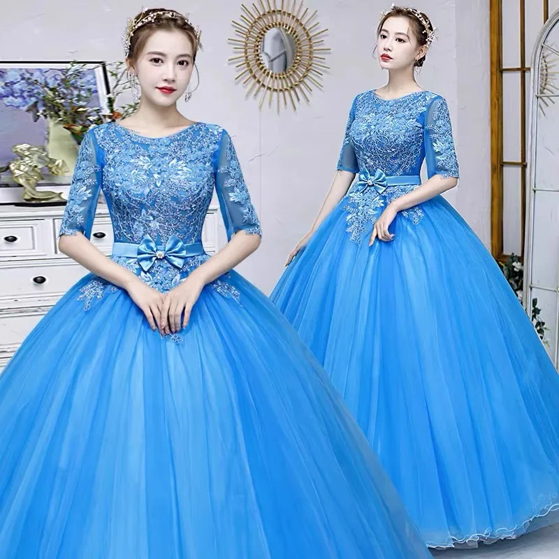 Blue Half Long Sleeves Quinceanera Dresses Ball Gowns Lace Evening Dress Party Luxury Tulle Birthday Pageant Princess Dress