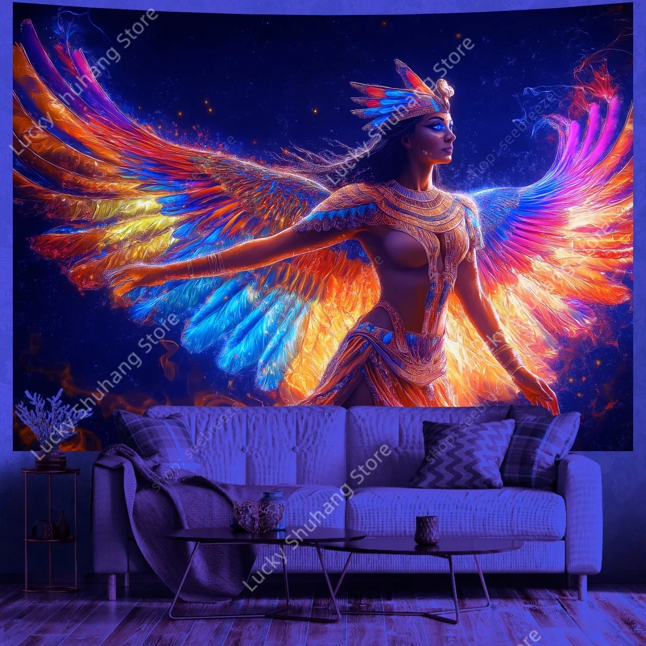 Tantra Egyptian Goddess UV Reactive Tapestry Wall Hanging Kawaii Room Decor Aesthetic Large Mandala Witchcraft Boho Tapestries