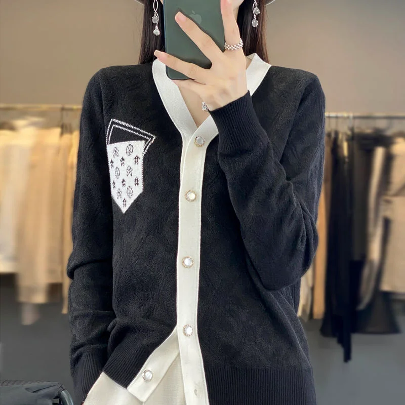 Damski kardigan z dzianiny w stylu \"mały zapach\", dekolt w serek, kontrastowy, jesienno-zimowy sweter, kurtka, elegancki top.