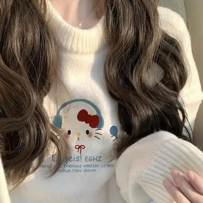 

Лидер продаж, новинка осени и зимы, женский модный повседневный свитер Hello Kitty, милый милый мультяшный универсальный свободный вязаный свитер с круглым вырезом