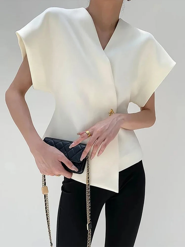 

Summer French Style Asymmetric Top Drop Shoulder Sleeve Korean Women Tops One Button Waist Slim Fashion White Short Sleeve Top