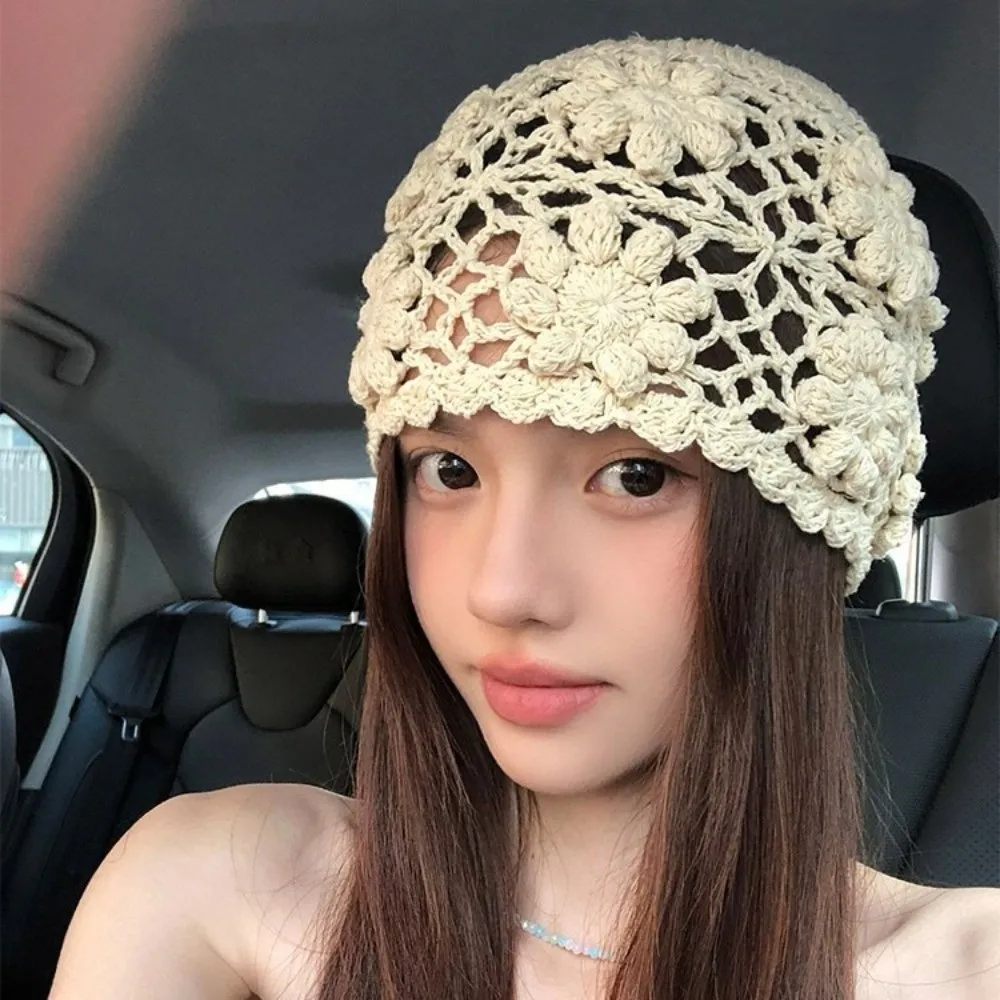 Cute Handmade Crochet Flower Hat Hollow Y2k Knit Basin Caps Women Weave Beanies Cap Streetwear