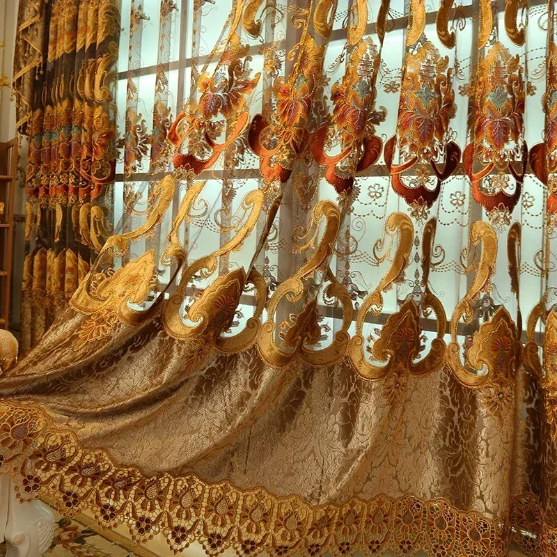

Embroidery Curtains for Living Room Tulle Valance Bedroom Set Drapes Golden Hall Blackout Sheer Decor Elegant Floral 1pc