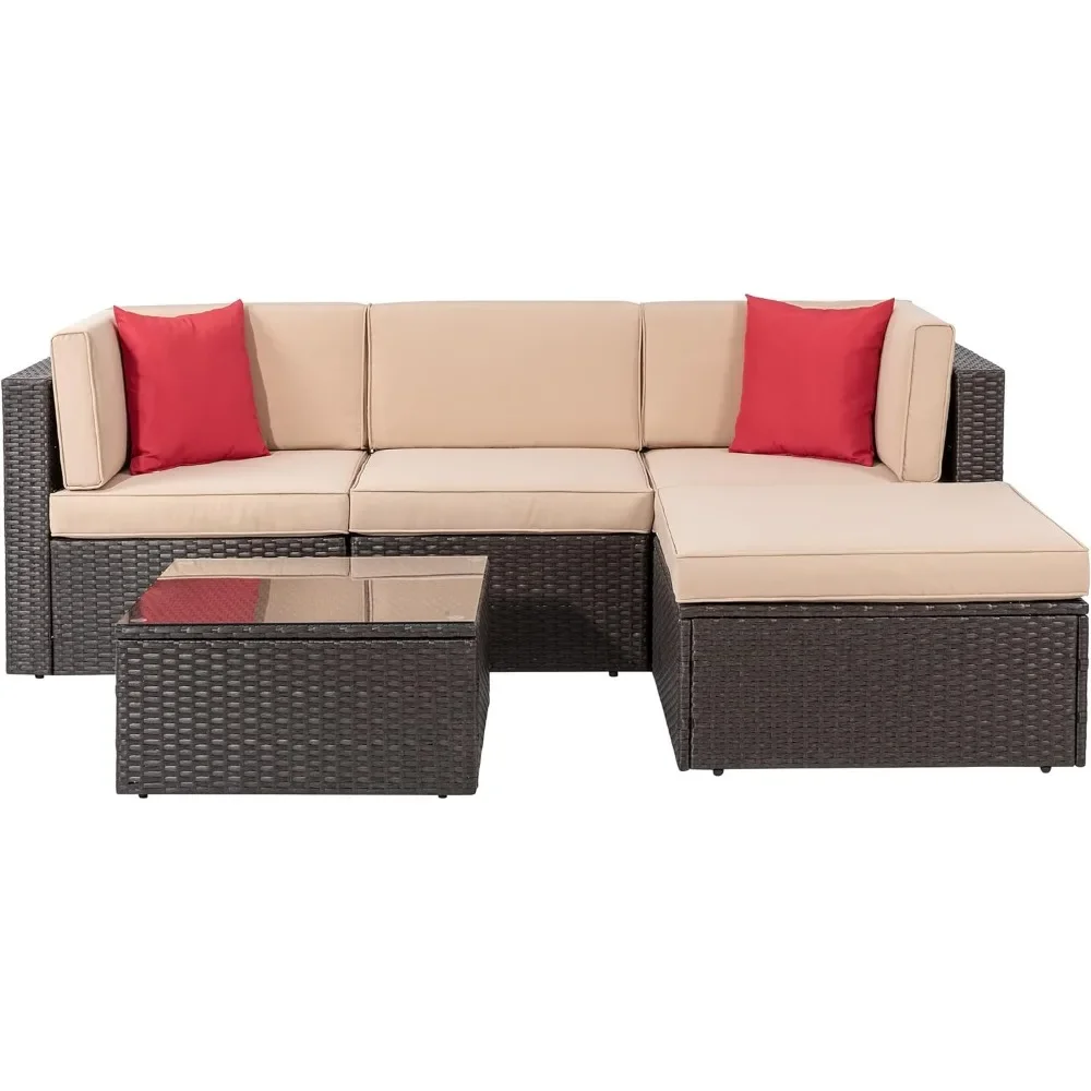 

5 Pieces Patio Furniture Sets Outdoor All-Weather Sectional Patio Sofa Set PE Rattan Wicker Patio Conversation Set with Glass