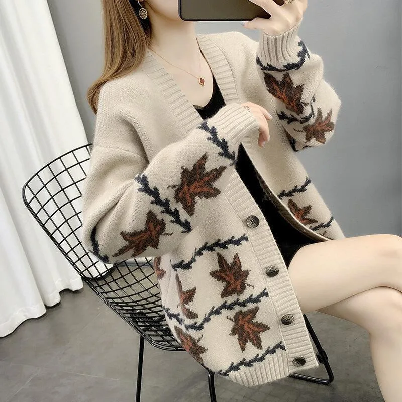 

Women Floral Sweater V Neck Long Sleeve Autumn Winter Casual Cardigan Gilet Femme Manche Longue Chandails Designer Streetwear