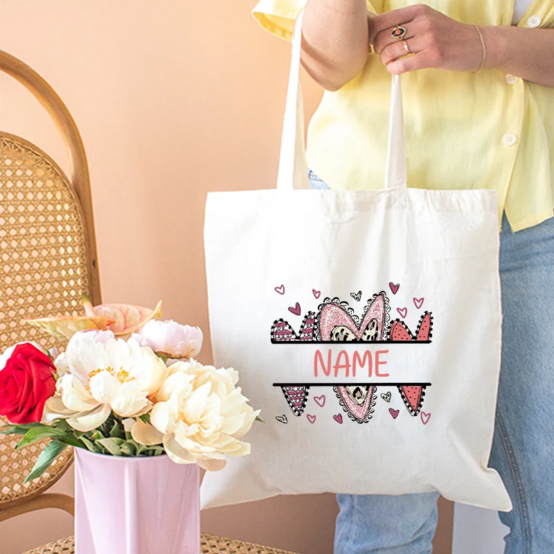 Sacolas de lona com nome personalizado para casal dos namorados, design de coração personalizado para amantes, presentes especiais para namorada, sacola de compras