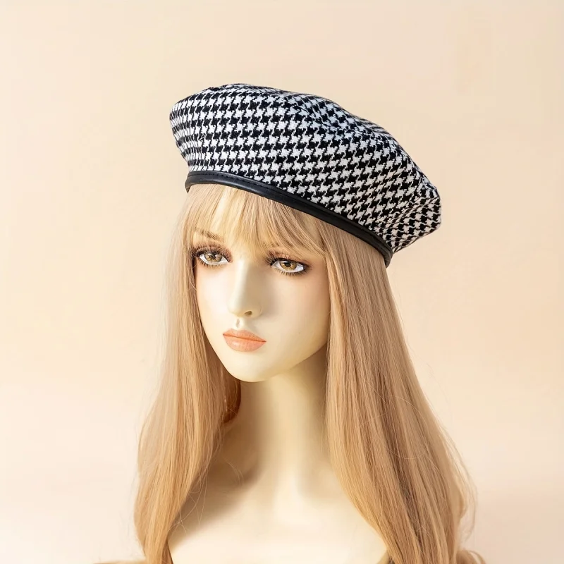 Black and white checked PU decorated beret, adjustable size, lightweight English painter's hat, suitable for women