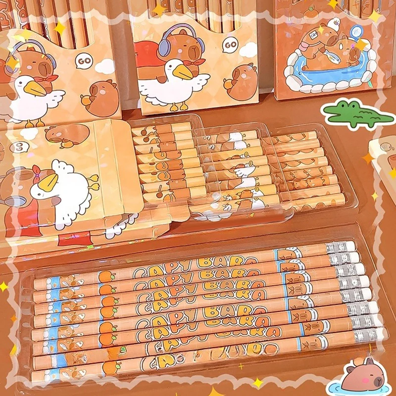 8 unids/caja de lápiz de capibara bonito de dibujos animados Kawaii HB, artículos de dibujo para bocetos, papelería para estudiantes, suministros escolares y de oficina, regalos para niños