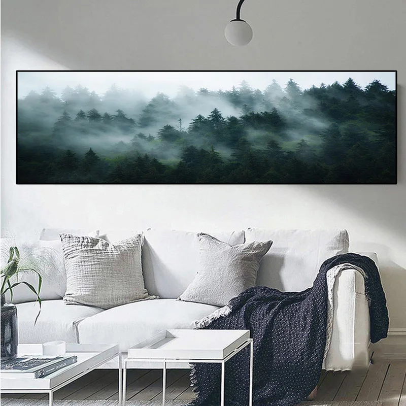 Nordic Minimalist Foggy Pine Forest Canvas Painting Dark Landscape Misty Trees Wall Picture Living Room Home Decor No Frame