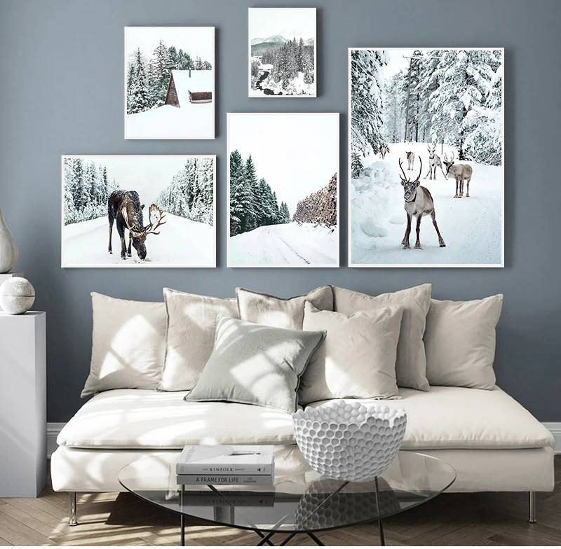 Wall Art Canvas Painting Winter Landscape Pine Forest Snow Elk Nordic Posters And Prints Wall Pictures For Living Room Decor