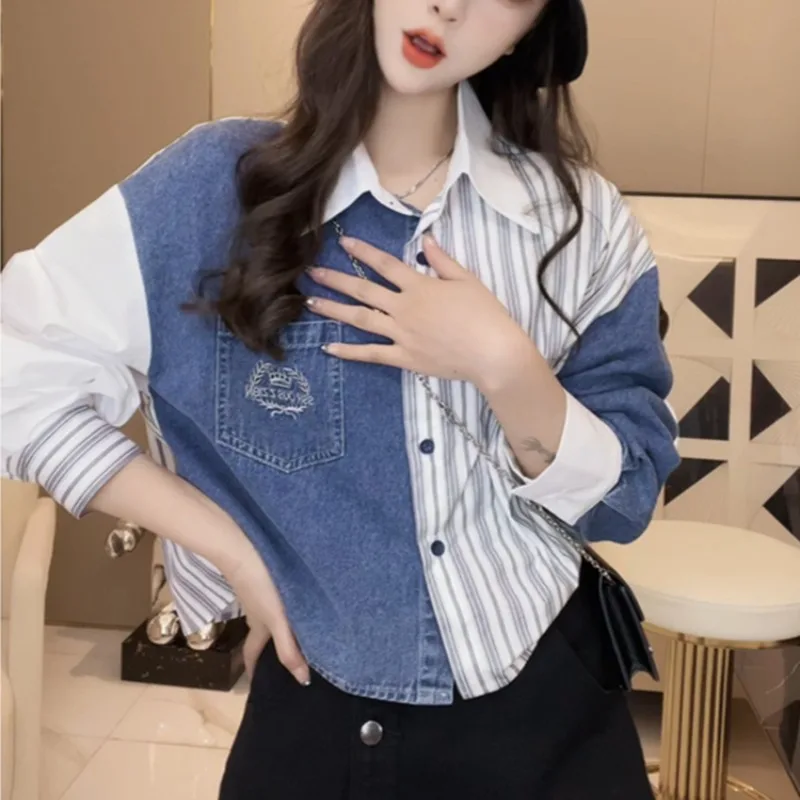 Spring Autumn New Fashion Polo Neck Long Sleeved Blouse Casual Versatile Splicing Western Elegant Loose Clothing Women's Shirts