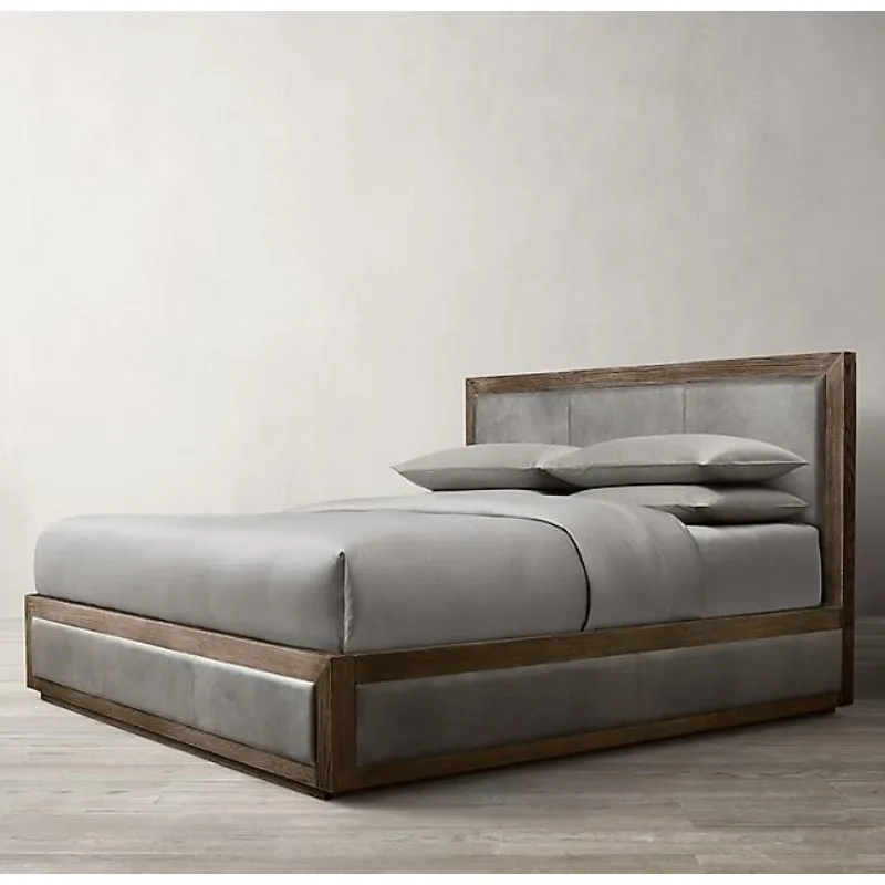 Italian light luxury solid wood bed, furniture Nordic minimalist modern oil wax leather bed American rural retro