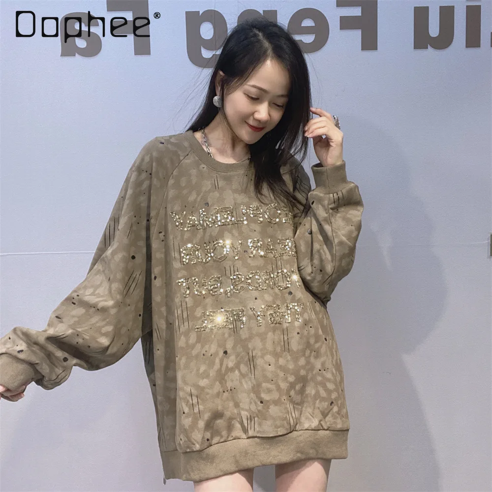 

High-end Side Zipper Round Neck Sweatshirt for Women 2026 New Spring and Autumn Heavy Sequin Loose Casual Long Sleeve Top