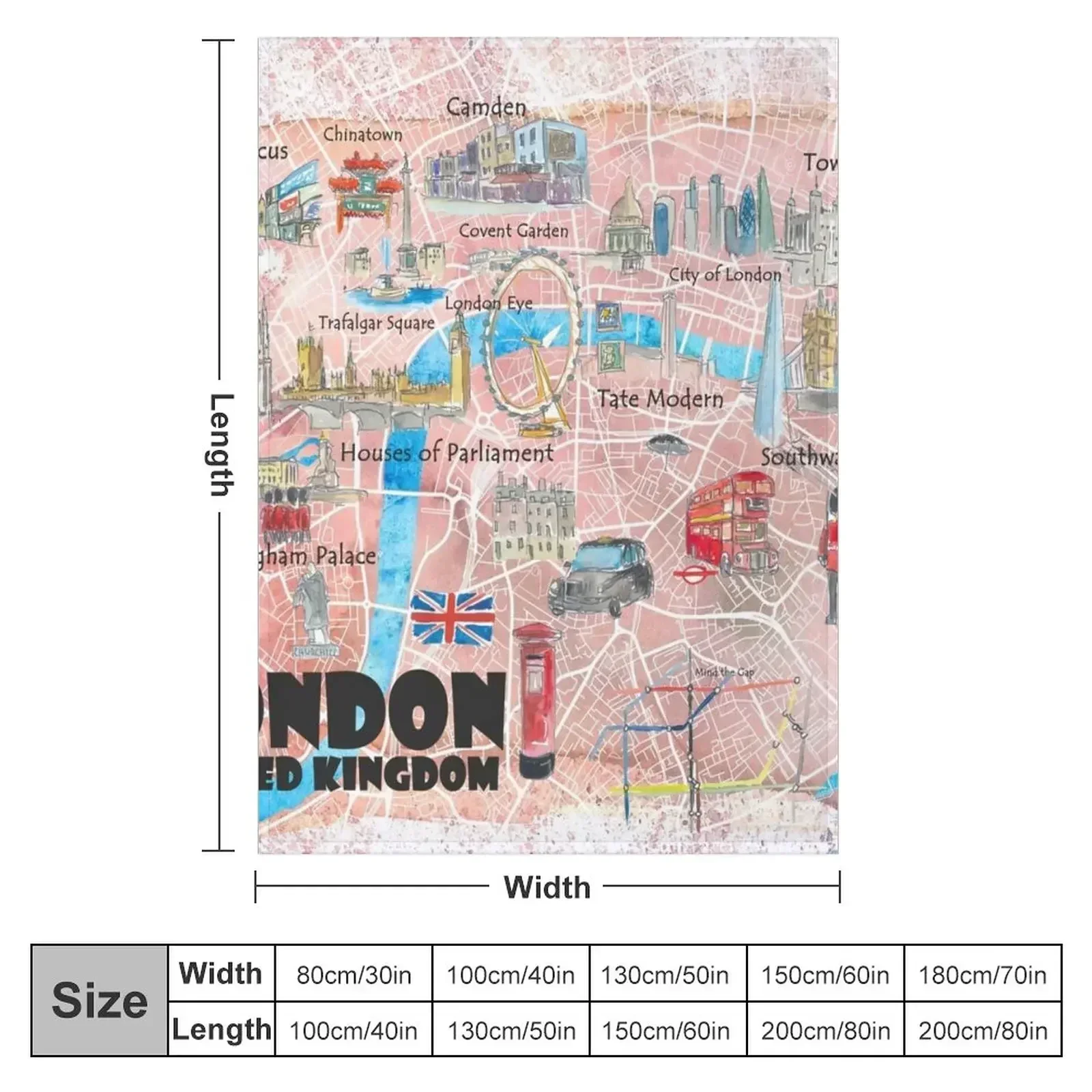 London UK Illustrated Map with Main Roads, Landmarks & Highlights Throw Blanket