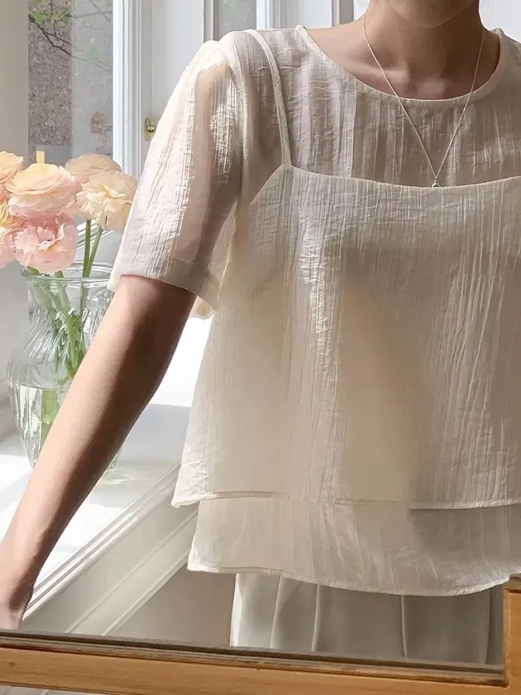 Summer Gentle Texture Short Sleeve Shirt Women's Chic Layering Tank Top Two-Piece Set Breathable Loose Fit round Neck Bubble ...