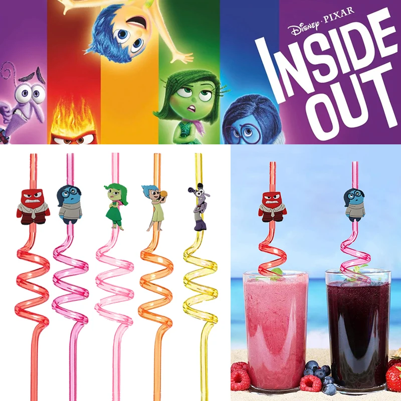 5pcs Disney Movie Inside Out 2 Straws Joy Sadness Anger Reusable Drinking Straw Birthday Decoration Party Supplies Children Gift