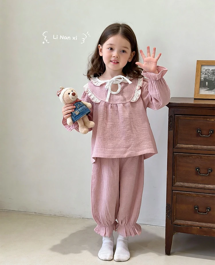 Girls Home Clothes Sweet Set 2026 Spring Autumn New Girls Baby Ruffled Floral Pajama Long Sleeve Two Piece Set