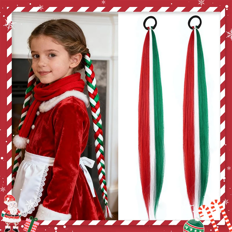 

Braid Ponytail Extension 26" Colorful Straight Sleek Christmas Braiding Ponytail Synthetic Straight Braided Horse Tail for Women