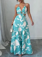 Vestido Maxi para Mujer con Tirantes Finos, Cuello en V, Abertura en la Cintura, Anillo Decorativo, Estampado Floral, Vestido Bohemio de Verano para la Playa o Vacaciones