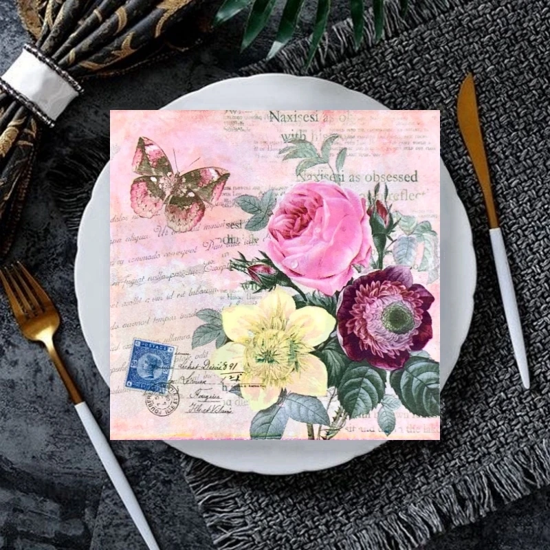 20Pcs/Bag Vintage Rose Butterfly Decoupage Paper Napkins Pink Floral Flower Paper Serviettes for Xmas Birthday Party Tableware