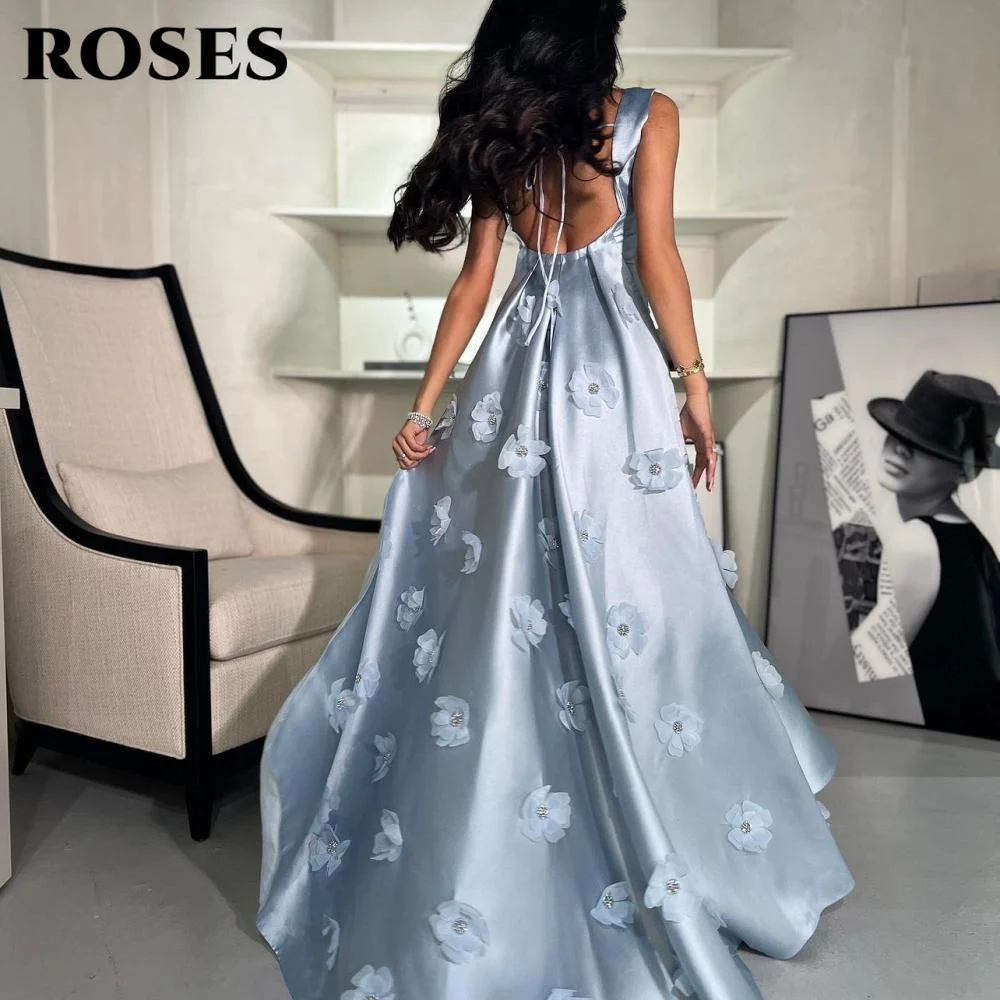 

ROSES Sky Blue 3D Flowers Party Dresses Open Back Stain Night Dresses with Floral Appliques Celebrity Dress for Woman Customized