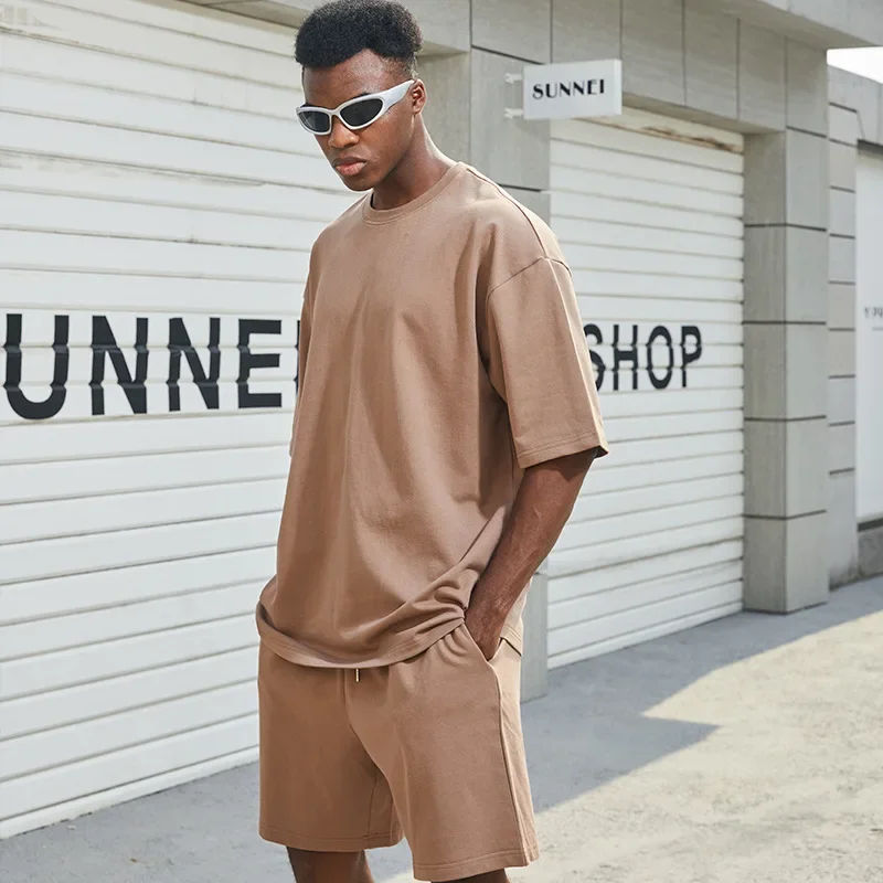2026 High-quality Heavy Cotton Mens Sets Short-sleeved T-shirt and Shorts Matching Set Summer Leisure 2-piece Man Set