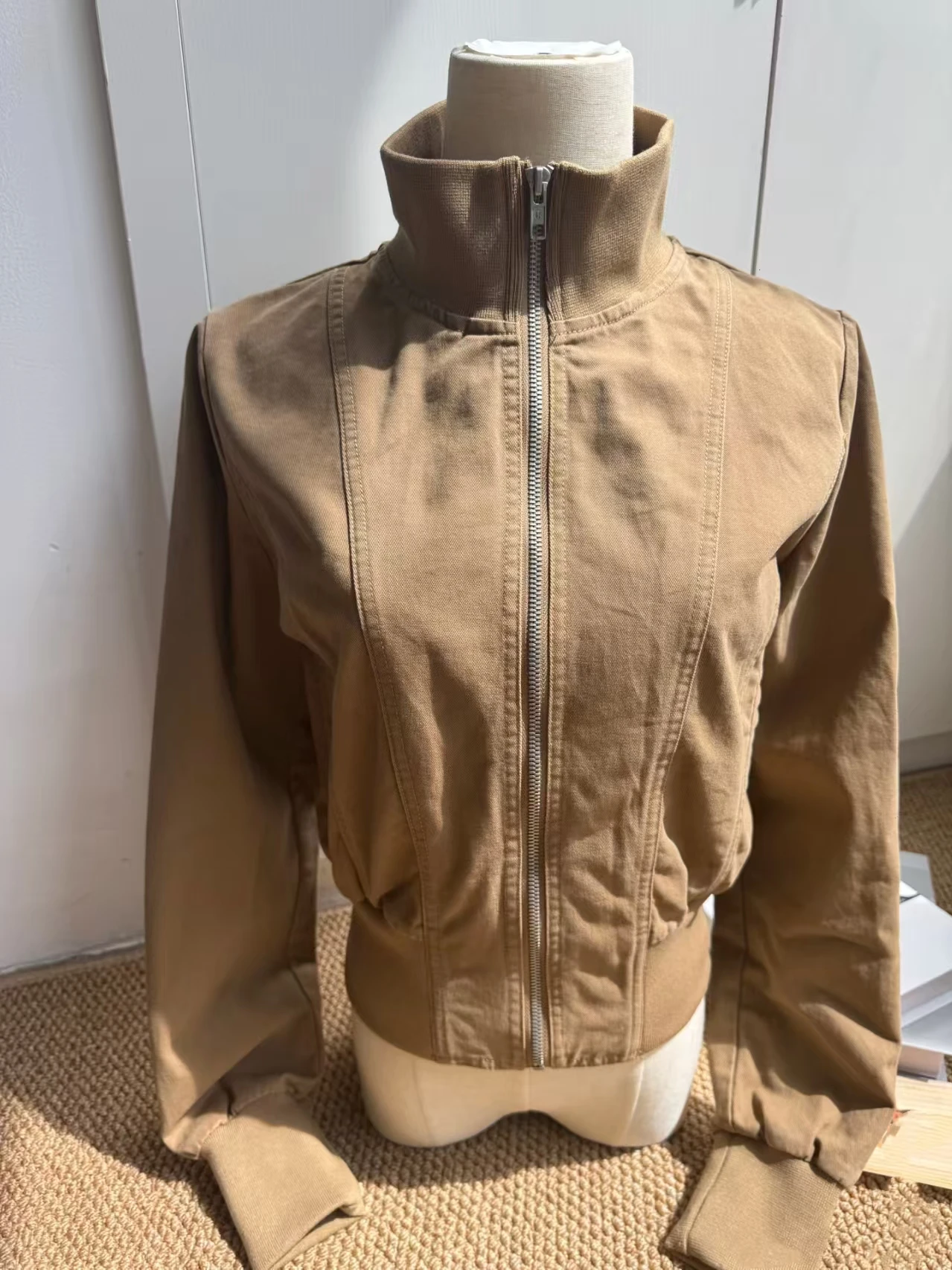 

Brandygirl American Sle High Waist Zipper Jaet Pure Color Stand Collar Workwear ort Coat for Women Cotton Autumn