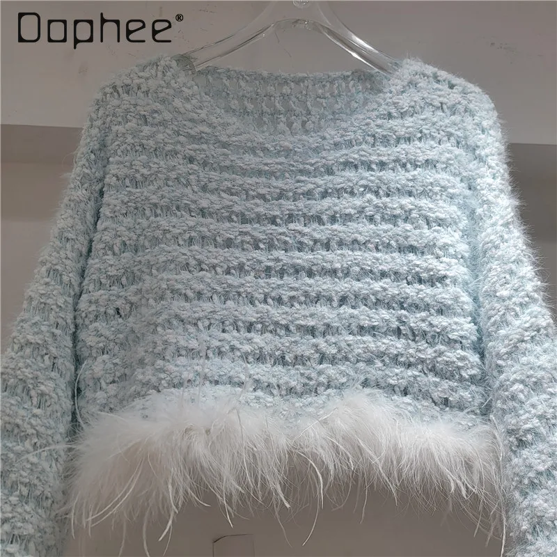 

Hollow Out Short Round Neck Long Sleeve Sweater Women 2025 Autumn New Loose Plush Patchwork Fashion Short Knitted Sweaters