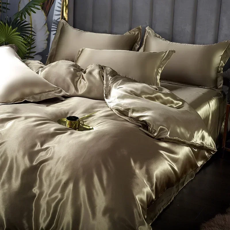 

Silk Bedding Set with Duvet Cover Bed Sheet Pillowcase Luxury Satin Bedsheet Solid Color Double Single King Queen Full Twin Size