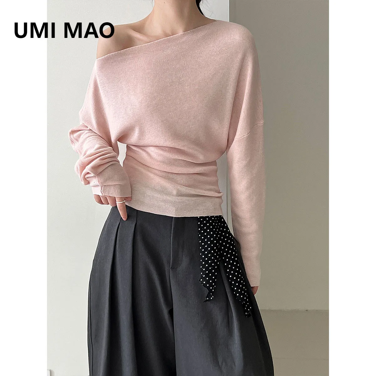 

UMI MAO Design Sense, облегающий асимметричный вязаный свитер с застежкой на талии для женщин, осенний новый свитер с длинными рукавами и открытыми плечами