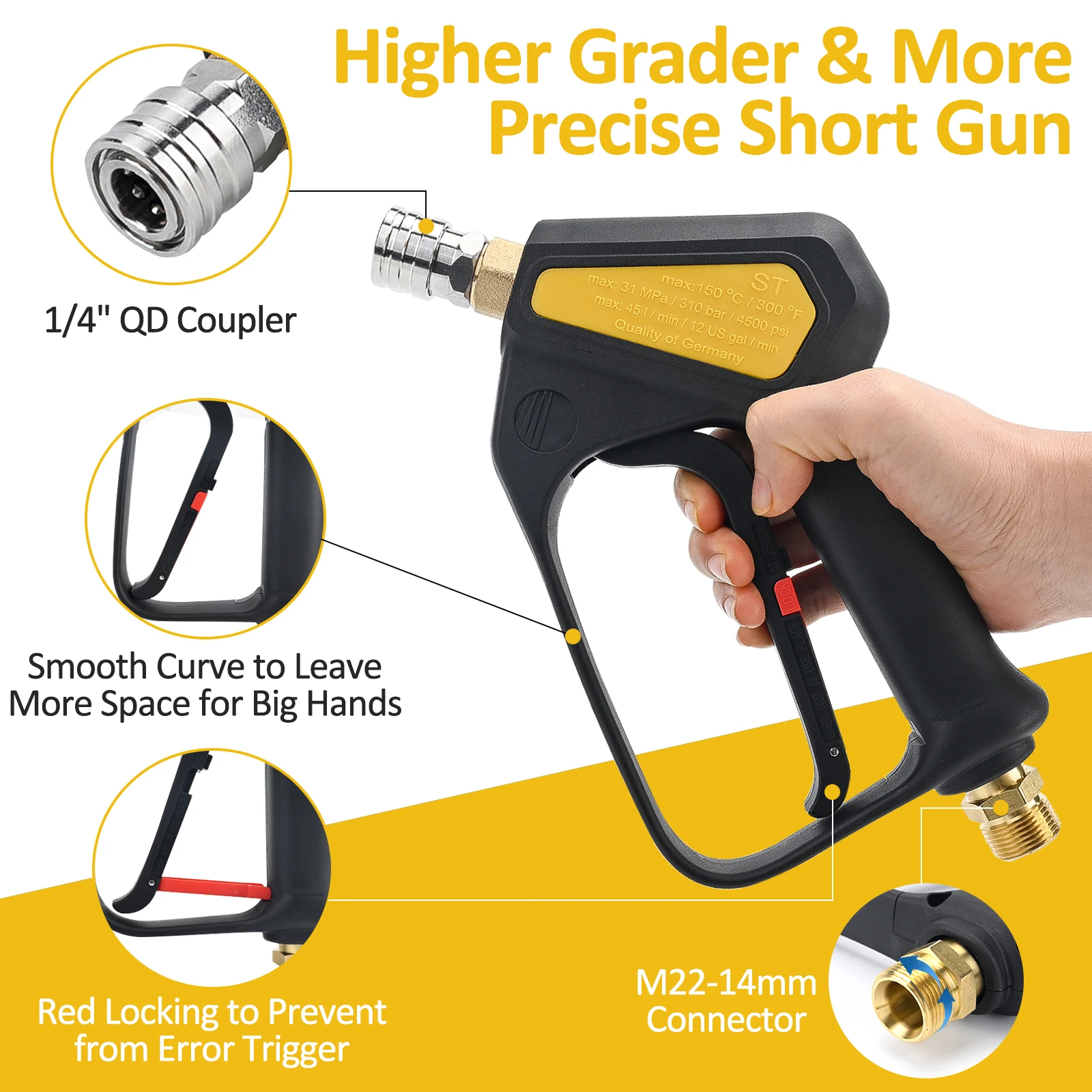 Replacement Short Pressure Washer Gun Swivel with M22 Inlet-14mm & Aluminum Foam Cannon Adjustable Thick Foam Spray Gun Kit