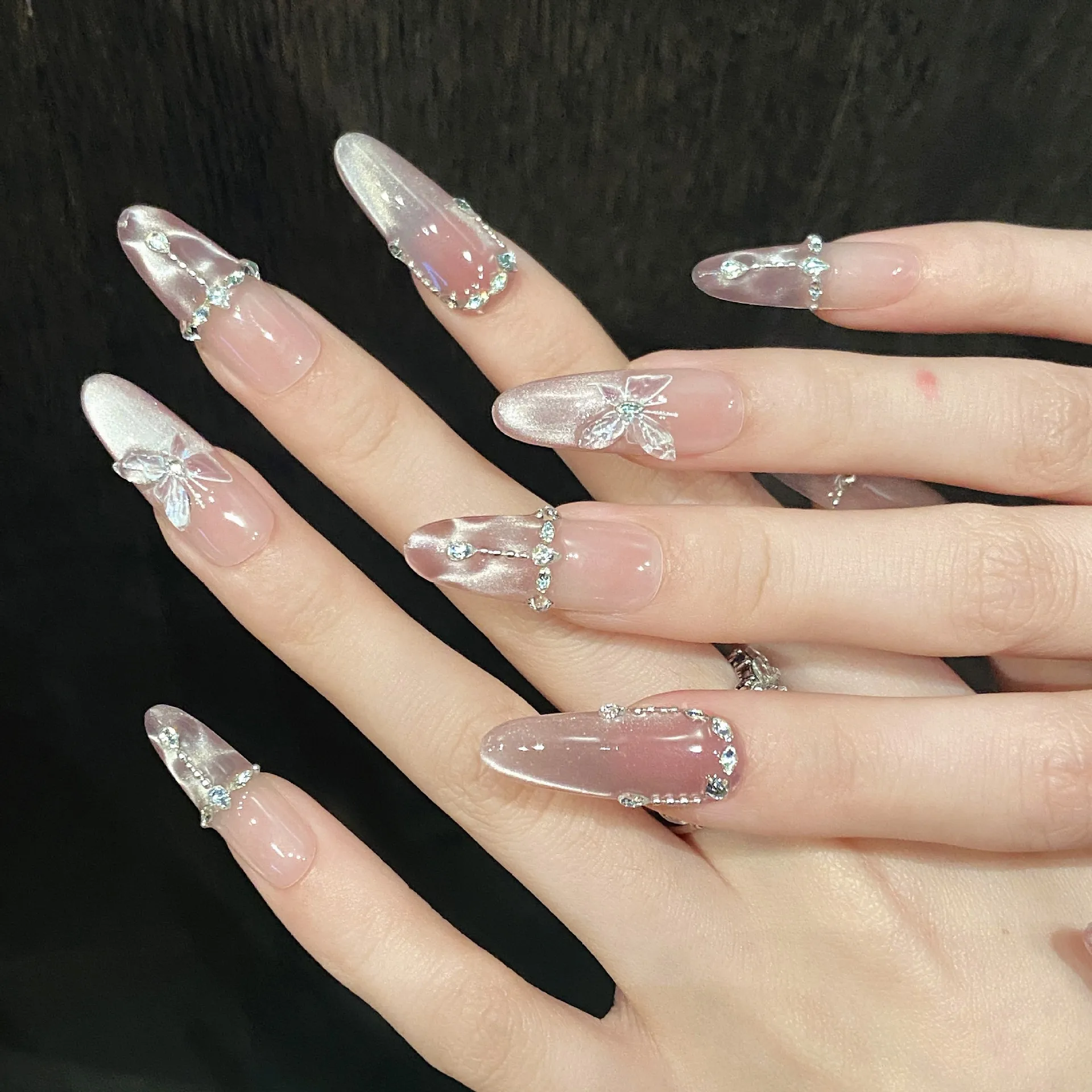 Faux ongles œil de chat rose faits à la main, strass papillon, à pression, longue tête ronde, réutilisables, couverture complète, pointe d'ongle, 10 pièces