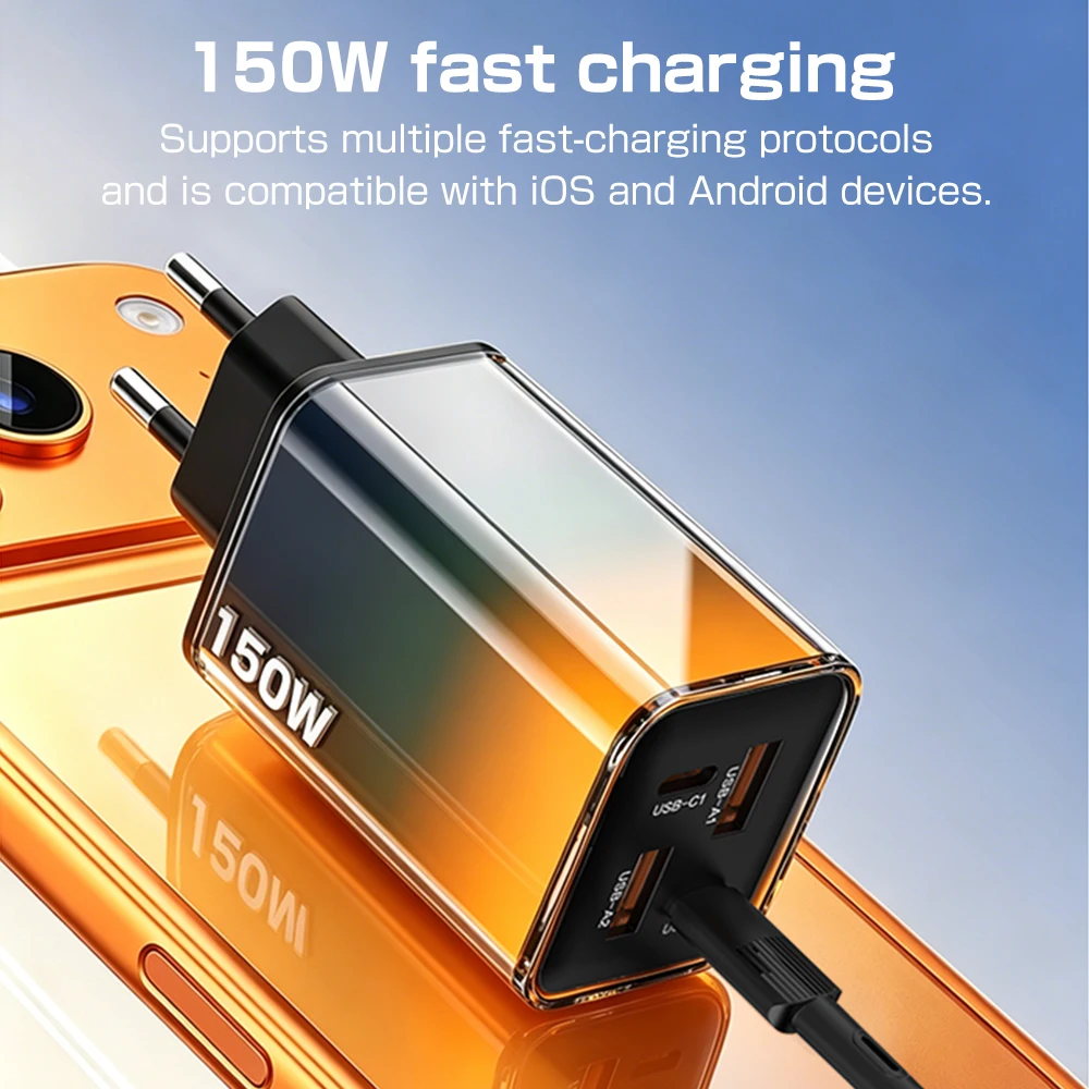 150W GaN USB-C Schnellladegerät 4 Ports PD 3.0 QC 3.0 Wandadapter für iPhone 15 Pro Samsung Xiaomi Laptop MacBook Reisestecker EU/US