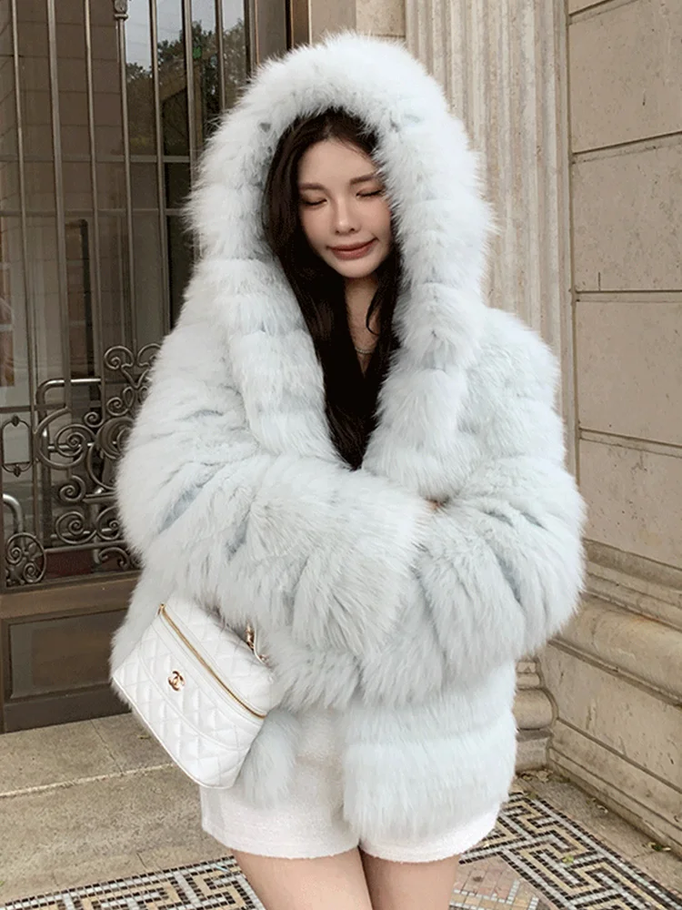 Giacca invernale da donna in pelliccia di volpe naturale con striscia di pelliccia cucita stile Toghter caldo spesso giacca casual con cappuccio cappotto caldo capispalla