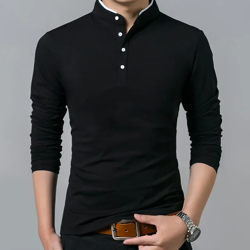 2023 T-Shirt Men Cotton Full Sleeve tshirt Men Solid Color T-shirts top tees Mandarin Collar Long Shirt