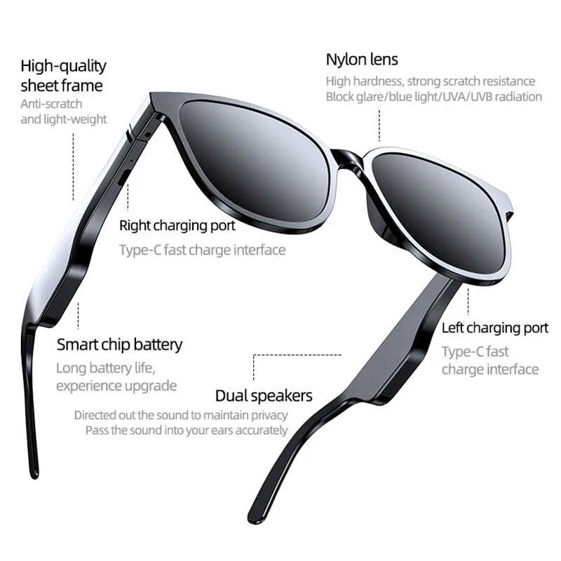 Smart Audio Gläser Drahtlose Bluetooth Aufruf mit Mikrofon Musik Noise Cancelling Kopfhörer UV Schutz Sonnenbrille