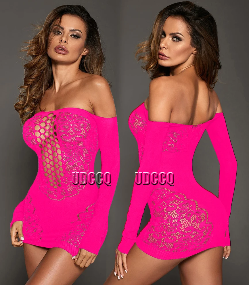 Sexy crochet Fishnet Cosplay Lingerie Babydoll Underwear costumes Chemises Teddies Sleepwear hoot sexy dress fluorescent pink