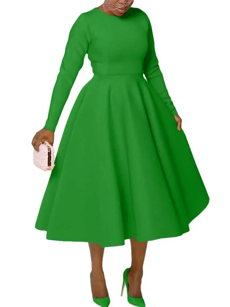 

A Line High Waisted Dress Zipper in Back Women Long Sleeve Autumn Casual Dress Elegant Office Work Lady Dress Solid Color 2025